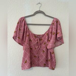 SO Pink Floral Cottagecore Blouse, Puff Sleeve Lace Up Top, Vintage Inspired